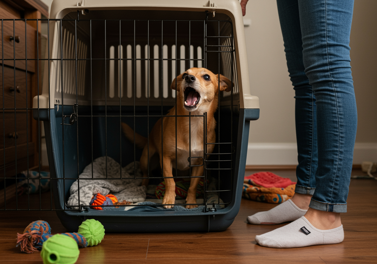 dog barks in crate when i leave image